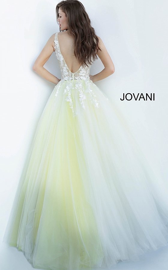 Jovani 55634 floral appliques v neckline prom dress ballgown.  Tulle ballgown, floor length, floral appliques, sheer sleeveless bodice, bra cups, v neckline and back.  Available Colors: champagne, navy/black, off white/blush, off white/light blue, off white/off white, off white/yellow, off white/ lilac, red, teal, black/black,   Available Sizes: 00 - 24