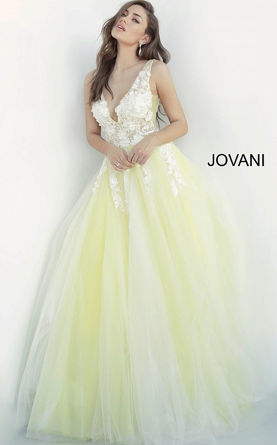 Jovani 55634 floral appliques v neckline prom dress ballgown Tulle ballgown, floor length, floral appliques, sheer sleeveless bodice, bra cups, v neckline and back.  Available Colors: black, champagne, navy/black, off white/blush, off white/light blue, off white/off white, off white/yellow, off white/ lilac, red, teal  Available Sizes: 00 - 24