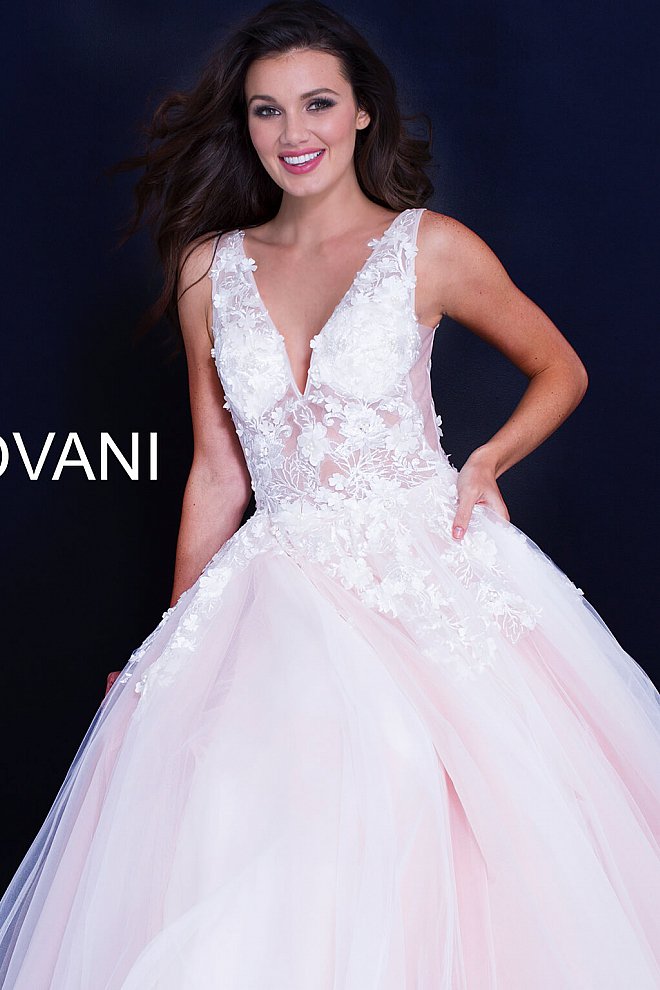 Jovani 55634 floral appliques v neckline prom dress ballgown Tulle ballgown, floor length, floral appliques, sheer sleeveless bodice, bra cups, v neckline and back.  Available Colors: black, champagne, navy/black, off white/blush, off white/light blue, off white/off white, off white/yellow, off white/ lilac, red, teal  Available Sizes: 00 - 24