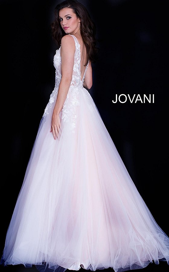 Jovani 55634 floral appliques v neckline prom dress ballgown.  Tulle ballgown, floor length, floral appliques, sheer sleeveless bodice, bra cups, v neckline and back.  Available Colors: champagne, navy/black, off white/blush, off white/light blue, off white/off white, off white/yellow, off white/ lilac, red, teal, black/black,   Available Sizes: 00 - 24