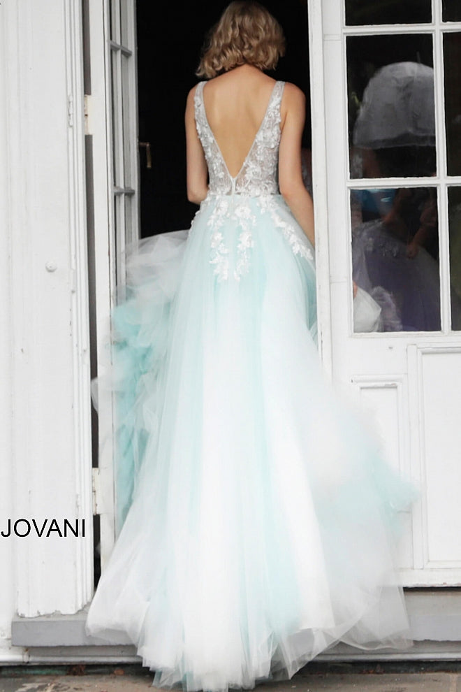 Jovani 55634 floral appliques v neckline prom dress ballgown.  Tulle ballgown, floor length, floral appliques, sheer sleeveless bodice, bra cups, v neckline and back.  Available Colors: champagne, navy/black, off white/blush, off white/light blue, off white/off white, off white/yellow, off white/ lilac, red, teal, black/black,   Available Sizes: 00 - 24