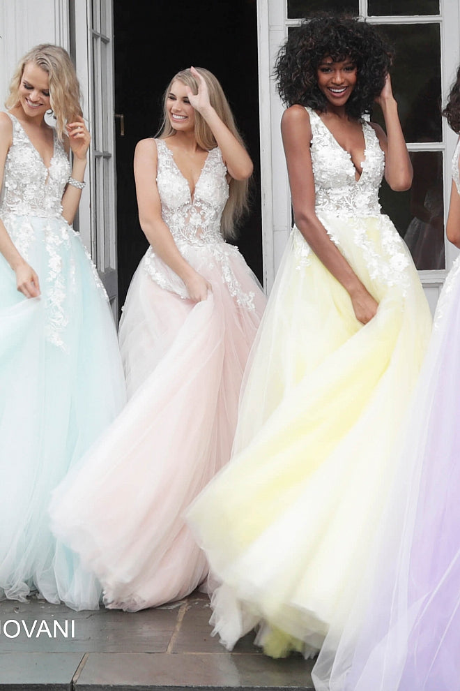 Jovani 55634 floral appliques v neckline prom dress ballgown.  Tulle ballgown, floor length, floral appliques, sheer sleeveless bodice, bra cups, v neckline and back.  Available Colors: champagne, navy/black, off white/blush, off white/light blue, off white/off white, off white/yellow, off white/ lilac, red, teal, black/black,   Available Sizes: 00 - 24