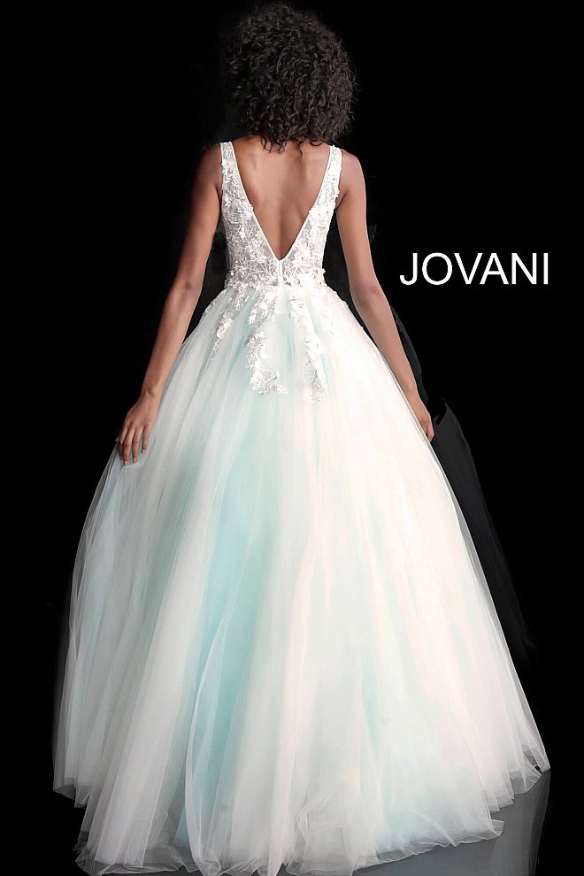 Jovani 55634 floral appliques v neckline prom dress ballgown Tulle ballgown, floor length, floral appliques, sheer sleeveless bodice, bra cups, v neckline and back.  Available Colors: black, champagne, navy/black, off white/blush, off white/light blue, off white/off white, off white/yellow, off white/ lilac, red, teal  Available Sizes: 00 - 24