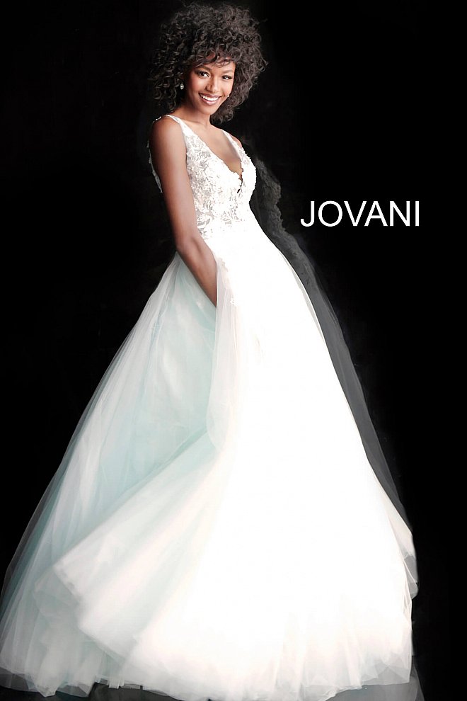 Jovani 55634 v neckline lace floral applique and tulle prom dress ball gown. Tulle ballgown, floor length, floral appliques, sheer sleeveless bodice, bra cups, v neckline and back. Available Colors: black/black, fuchsia, champagne, navy/black, off white/blush, off white/light blue, off white/off white, off white/yellow, off white/ lilac, red, teal  Available Sizes: 00 - 24