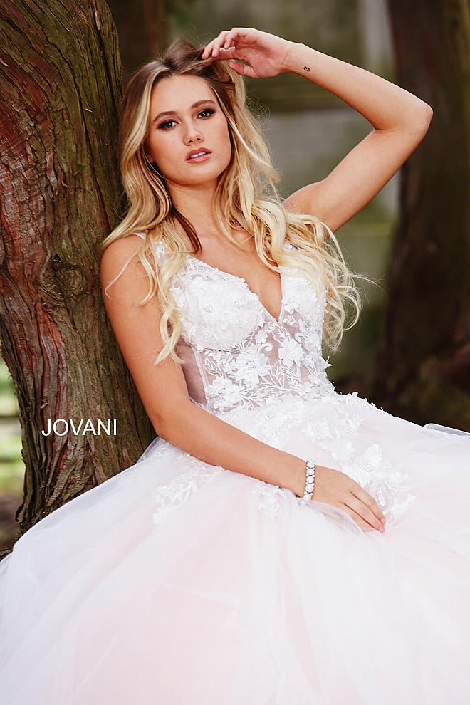 Jovani 55634 floral appliques v neckline prom dress ballgown Tulle ballgown, floor length, floral appliques, sheer sleeveless bodice, bra cups, v neckline and back.  Available Colors: black, champagne, navy/black, off white/blush, off white/light blue, off white/off white, off white/yellow, off white/ lilac, red, teal  Available Sizes: 00 - 24