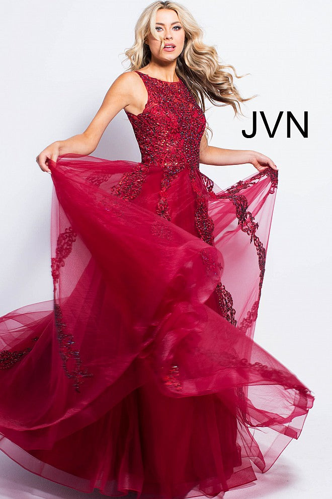 Jovani 59046 Fuchsia Prom Dress Size 12 Sheer Tulle Lace High Neck Ballgown Formal Gown