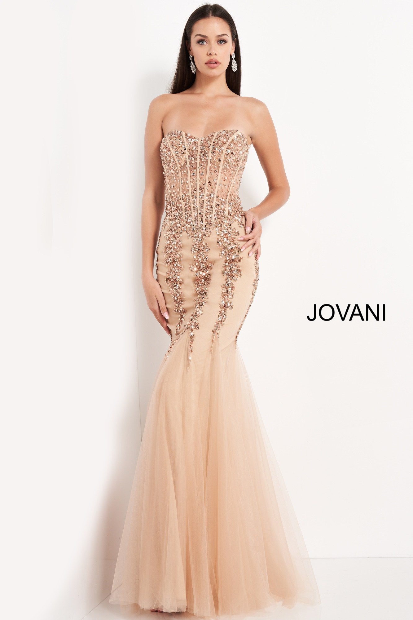 Jovani 5908 Long Sheer Corset Strapless formal prom and Pageant dress mermaid tulle trumpet skirt crystal rhinestone embellished evening gown fit & Flare 2021 Gown Sequin sweetheart 