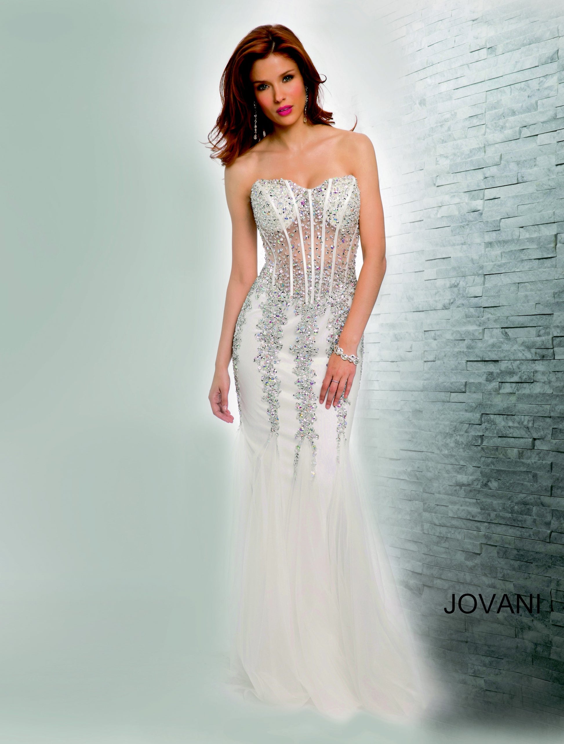 Jovani 5908 Long Sheer Corset Strapless formal prom and Pageant dress mermaid tulle trumpet skirt crystal rhinestone embellished evening gown fit & Flare 2021 Gown Sequin sweetheart 