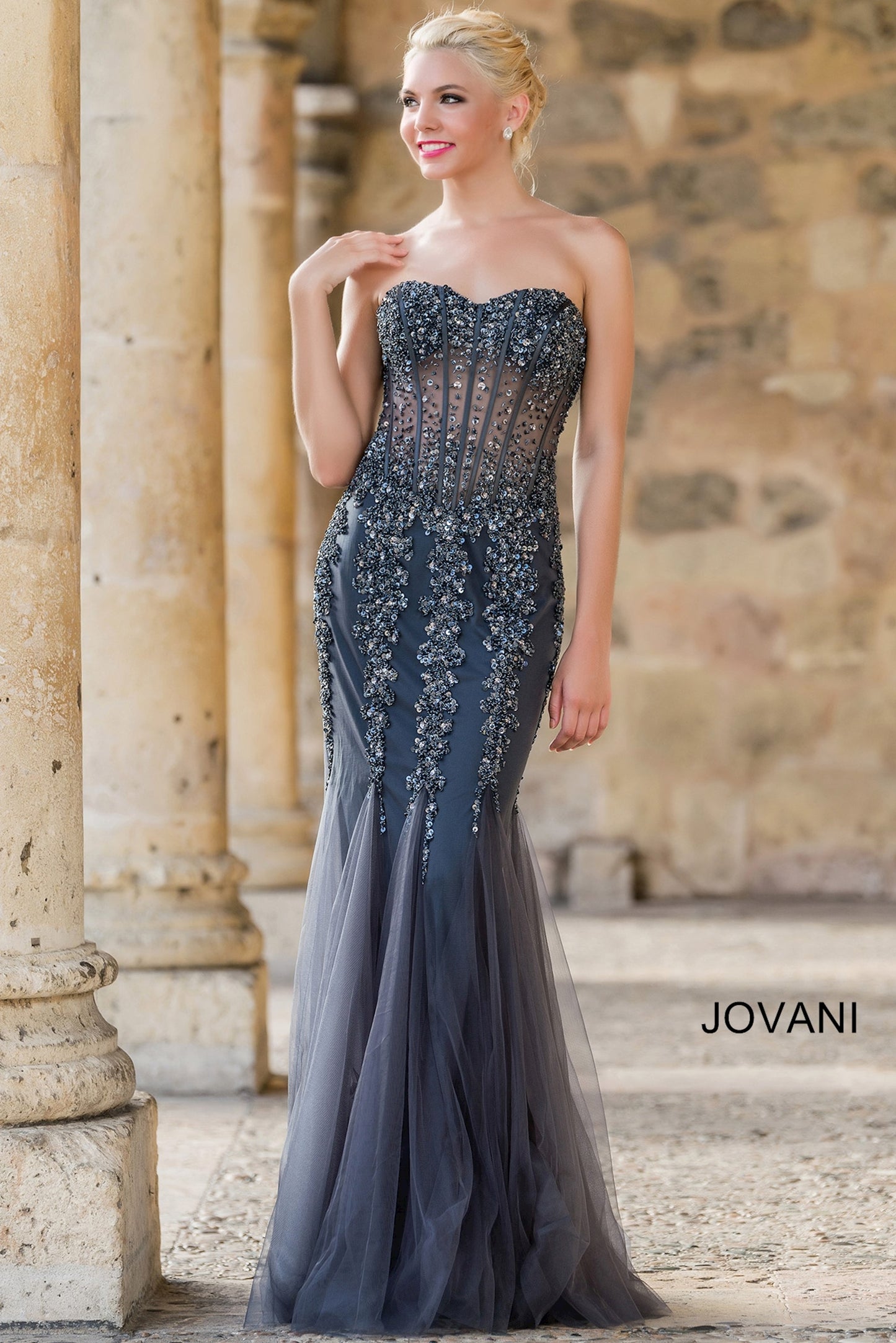 Jovani 5908 Long Sheer Corset Strapless formal prom and Pageant dress mermaid tulle trumpet skirt crystal rhinestone embellished evening gown fit & Flare 2021 Gown Sequin sweetheart 