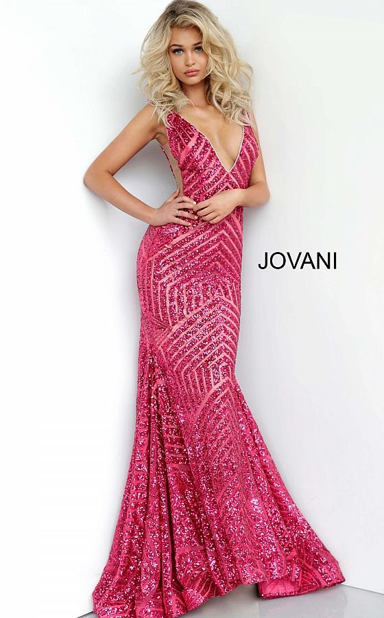 Long Jovani 59762 Prom Dress, Featuring a plunging neckline & A Fully sequined Fitted Mermaid Bodice. This Open V Back Pageant Gown & prom dress is perfect for the stage is has a lush trumpet sequin embellished skirt and sweeping train. 