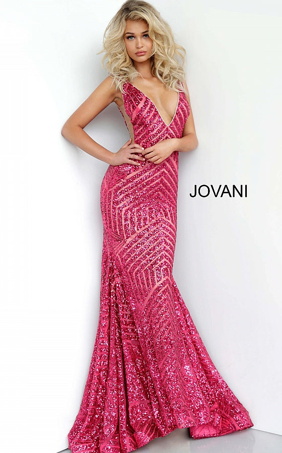 Long Jovani 59762 Prom Dress, Featuring a plunging neckline & A Fully sequined Fitted Mermaid Bodice. This Open V Back Pageant Gown & prom dress is perfect for the stage is has a lush trumpet sequin embellished skirt and sweeping train. 