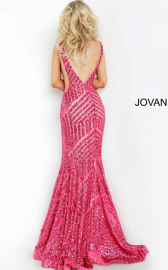 Jovani 59762 Deep V neckline Sequin Embellished mermaid Pageant Prom Dress, Deep V Neckline with sheer mesh side cutout panels. lush trumpet skirt with sweeping train  Available Color: Fuchsia  Available Size: 8