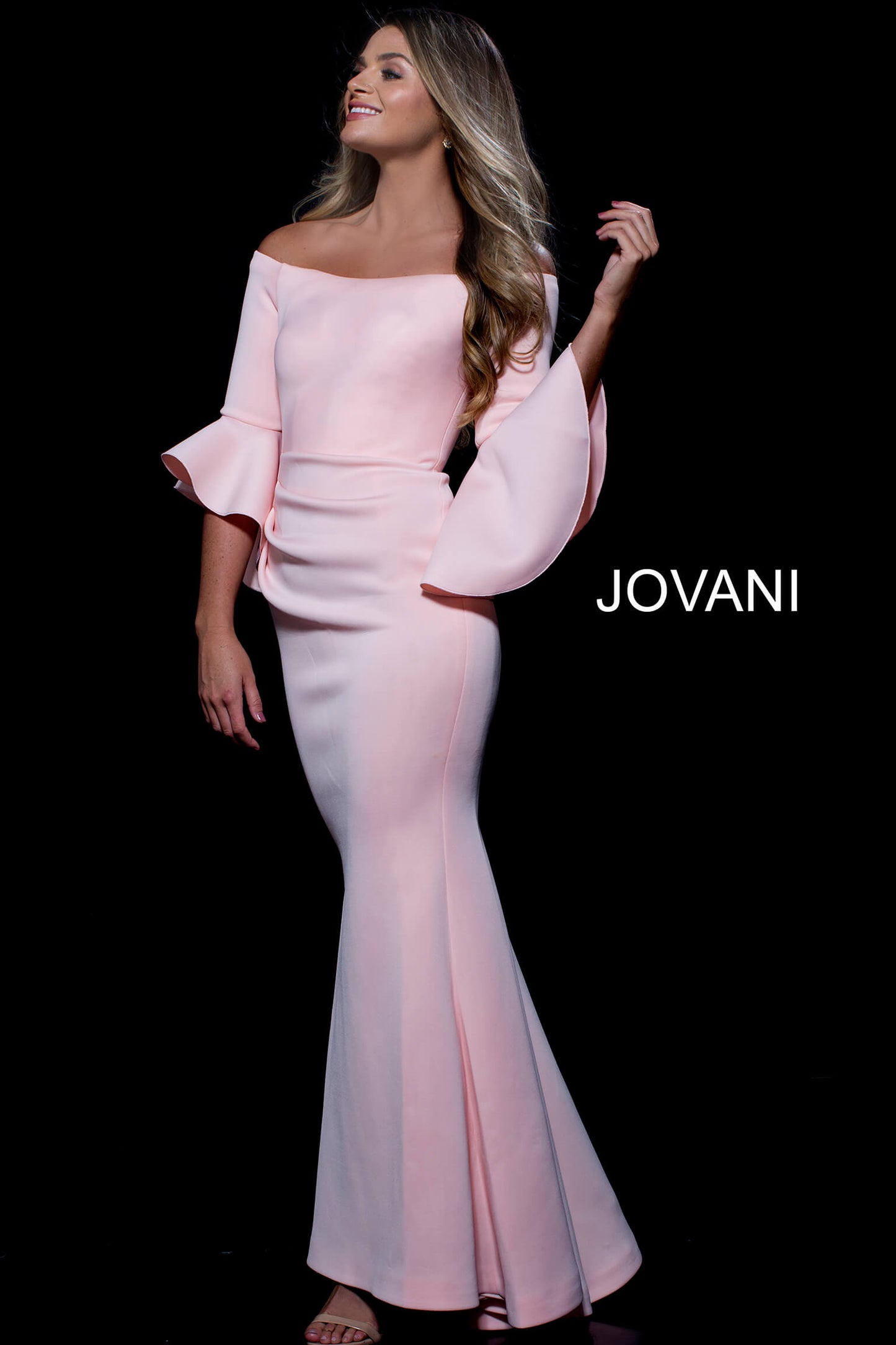 Blush Scuba Off the Shoulder Bell Sleeves Evening Dress 59993 Stretch scuba fabric, form fitting silhouette, floor length, slightly flare at bottom, ruching at waist, three quarter bell sleeves, off the shoulder neckline, bra cups. Formal evening Gown Available Sizes: 00,0,2,4,6,8,10,12,14,16,18,20,22,24  Available Colors: BLACK, BLUSH, FUCHSIA, GREEN, LIGHT-BLUE, NAVY, RED, ROYAL, WHITE, WINE