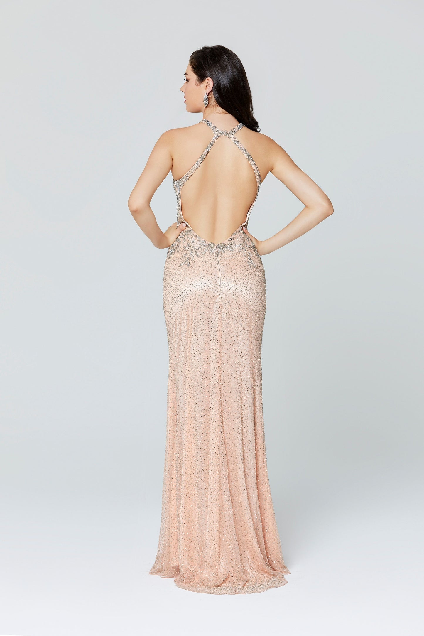 Primavera Couture 3409 is a beaded high neckline Prom Dress, Pageant Gown, Wedding Dress & Formal Evening Wear gown. This gown features a high neckline with sequins &  beading embellishing this long evening gown with side slit and open back 