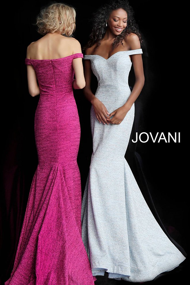 Jovani 60122  Glitter fitted prom dress with off-the-shoulder fitted bodice and sweetheart neckline, straight closed back with zipper closure and floor-length fitted skirt with a flared end. Pageant gown, evening gown.   Available colors:  Berry, Black, Black/Gold, Blush, Burgundy, Fuchsia, Gunmetal, Jade, Mauve, Navy, Ocean, Peacock, Red, Royal, Sand, Soft Blue/Silver, White  Available sizes:  00, 0, 2, 4, 6, 8, 10, 12, 14, 16, 18, 20, 22, 24