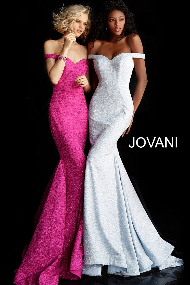 Jovani 60122  Glitter fitted prom dress with off-the-shoulder fitted bodice and sweetheart neckline, straight closed back with zipper closure and floor-length fitted skirt with a flared end. Pageant gown, evening gown.   Available colors:  Berry, Black, Black/Gold, Blush, Burgundy, Fuchsia, Gunmetal, Jade, Mauve, Navy, Ocean, Peacock, Red, Royal, Sand, Soft Blue/Silver, White  Available sizes:  00, 0, 2, 4, 6, 8, 10, 12, 14, 16, 18, 20, 22, 24