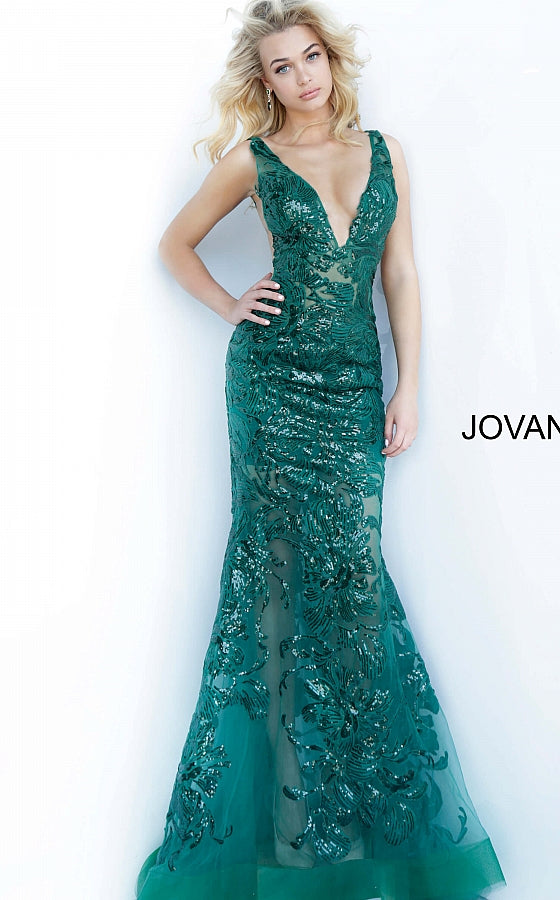 Jovani 60283  Plunging Neckline Prom Dress 60283 Evening gown Sheer mesh, sequin flower appliques, form fitting silhouette, floor length, sleeveless bodice, plunging V neck, V back, sheer mesh inserts on the sides. Available size 10 - Red