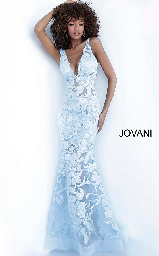 Jovani 60283 Plunging Neckline Prom Dress 60283 Evening Gown Sheer mesh, sequin flower appliques, form fitting silhouette, floor length, sleeveless bodice, plunging V neck, V back, sheer mesh inserts on the sides. Long sheer embroidered and sequined deep v-neck sleeveless formal gown with an open v-back by Jovani. sheer bodice & Top as well as skirt. Backless Dress Open Back Red Carpet Dress 