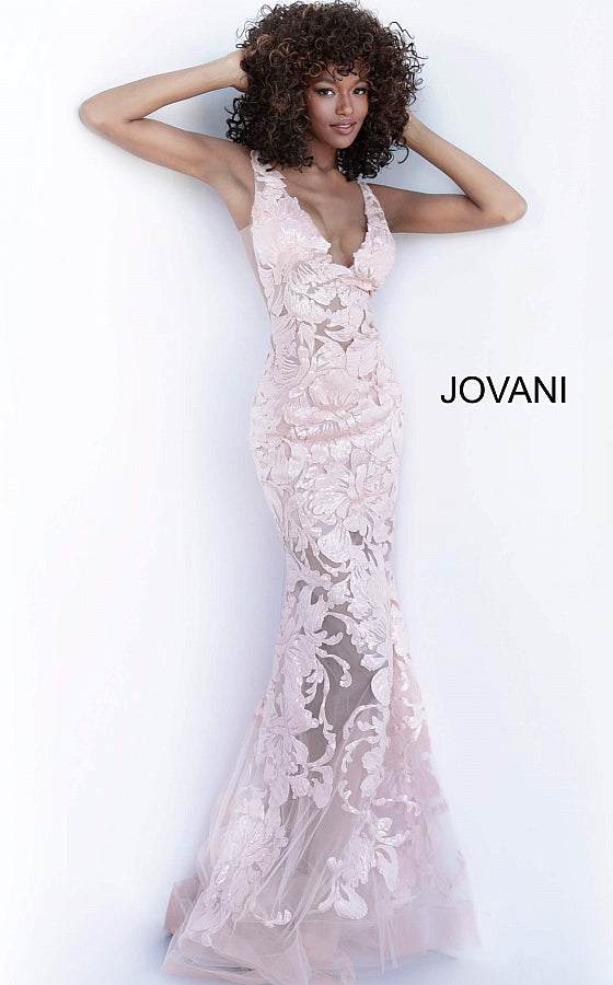 Jovani 60283 Available Colors: black, forest, fuchsia, light-blue, red, rose/gold, royal, tangerine, white, yellow Available Sizes: 00 - 24 Closure: Invisible Back Zipper with Hook and Eye Closure.   Details: Sheer mesh, sequin flower appliques, form fitting silhouette, floor length, sleeveless bodice, plunging V neck, V back, sheer mesh inserts on the sides. Long sheer embroidered and sequined deep v neck sleeveless formal gown with an open v-back by Jovani.