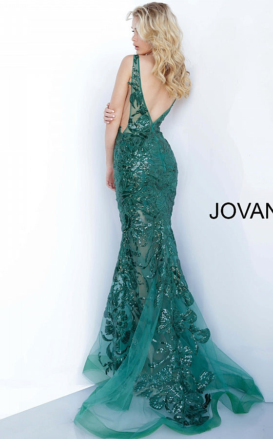 Jovani 60283 Plunging Neckline Prom Dress 60283 Evening Gown Sheer mesh, sequin flower appliques, form fitting silhouette, floor length, sleeveless bodice, plunging V neck, V back, sheer mesh inserts on the sides. Long sheer embroidered and sequined deep v-neck sleeveless formal gown with an open v-back by Jovani. sheer bodice & Top as well as skirt. Backless Dress Open Back Red Carpet Dress 