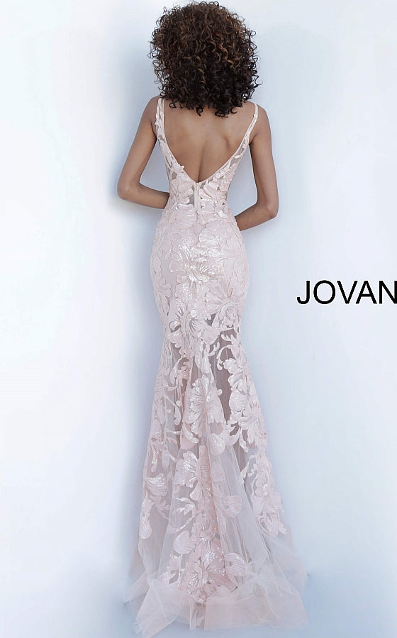 Jovani 60283 Plunging Neckline Prom Dress 60283 Evening Gown Sheer mesh, sequin flower appliques, form fitting silhouette, floor length, sleeveless bodice, plunging V neck, V back, sheer mesh inserts on the sides. Long sheer embroidered and sequined deep v-neck sleeveless formal gown with an open v-back by Jovani. sheer bodice & Top as well as skirt. Backless Dress Open Back Red Carpet Dress 