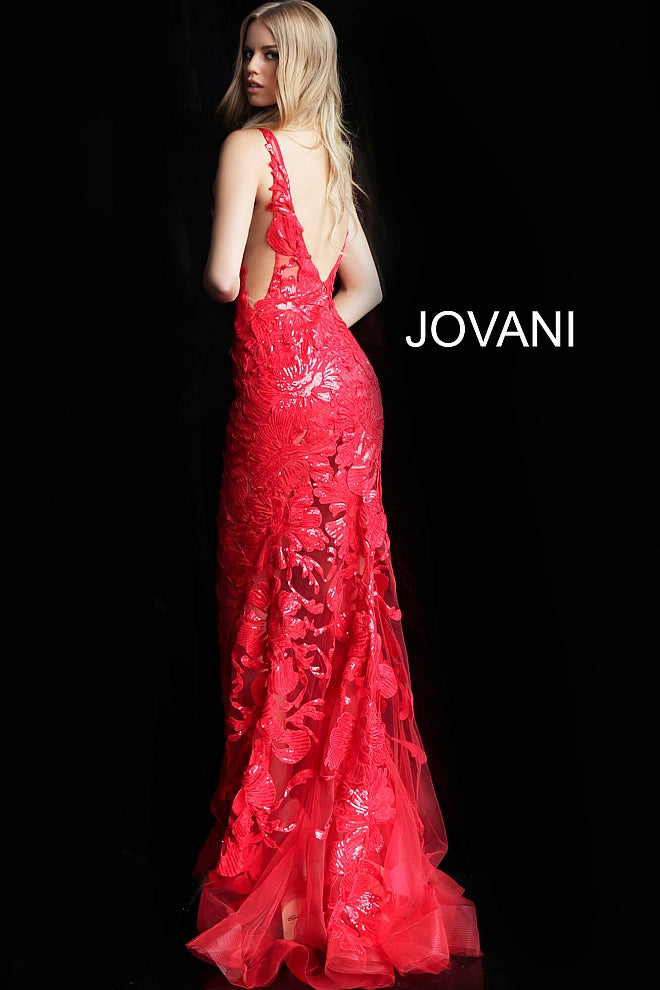 Jovani 60283 Available Colors: black, forest, fuchsia, light-blue, red, rose/gold, royal, tangerine, white, yellow Available Sizes: 00 - 24 Closure: Invisible Back Zipper with Hook and Eye Closure.   Details: Sheer mesh, sequin flower appliques, form fitting silhouette, floor length, sleeveless bodice, plunging V neck, V back, sheer mesh inserts on the sides. Long sheer embroidered and sequined deep v neck sleeveless formal gown with an open v-back by Jovani.