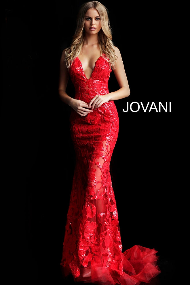 Jovani 60283  Plunging Neckline Prom Dress 60283 Evening gown Sheer mesh, sequin flower appliques, form fitting silhouette, floor length, sleeveless bodice, plunging V neck, V back, sheer mesh inserts on the sides. Available size 10 - Red