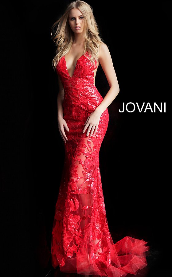 Jovani 60283 Plunging Neckline Prom Dress 60283 Evening Gown Sheer mesh, sequin flower appliques, form fitting silhouette, floor length, sleeveless bodice, plunging V neck, V back, sheer mesh inserts on the sides. Long sheer embroidered and sequined deep v-neck sleeveless formal gown with an open v-back by Jovani. sheer bodice & Top as well as skirt. Backless Dress Open Back Red Carpet Dress 