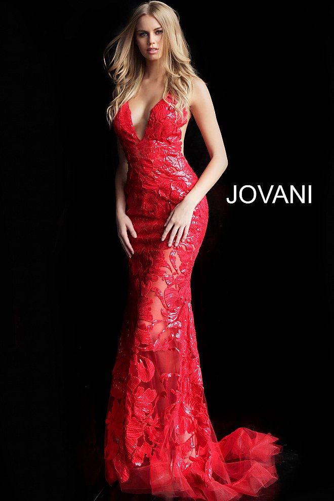 Jovani 60283  Plunging Neckline Prom Dress 60283 Evening gown Sheer mesh, sequin flower appliques, form fitting silhouette, floor length, sleeveless bodice, plunging V neck, V back, sheer mesh inserts on the sides. Available size 10 - Red