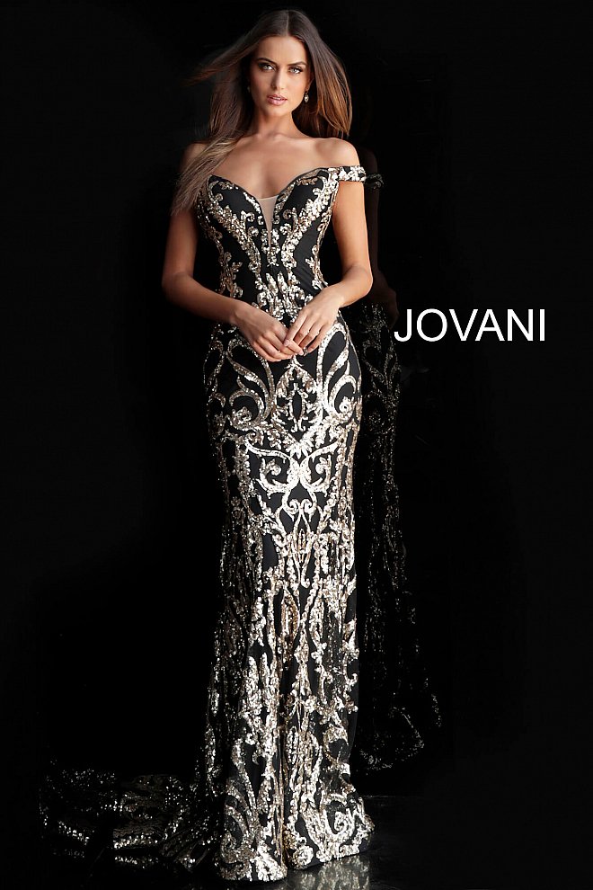 Jovani 63349 Long Fitted sequin embellished Damask Print pageant gown with off the shoulder straps, sexy fit & Flare mermaid 2020 prom dresses, Pageant dresses & Formal Evening wear by Jovani! Lush Skirt with sweeping train.