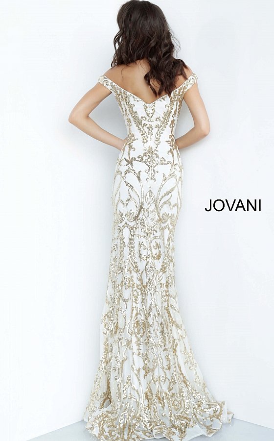 Jovani 63349 Long Fitted sequin embellished Damask Print pageant gown with off the shoulder straps, sexy fit & Flare mermaid 2020 prom dresses, Pageant dresses & Formal Evening wear by Jovani! Lush Skirt with sweeping train.