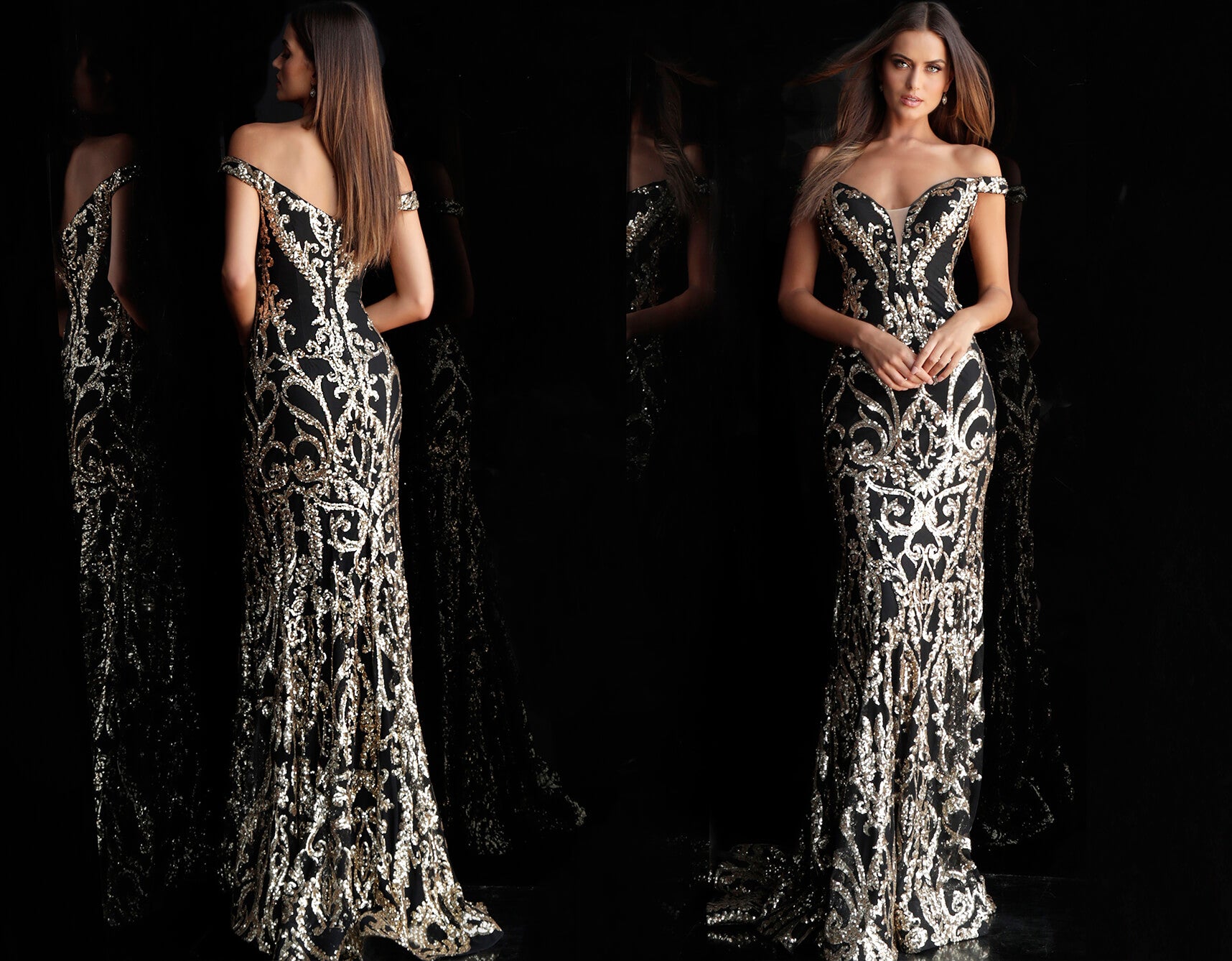 Jovani 63349 Long Fitted sequin embellished Damask Print pageant gown with off the shoulder straps, sexy fit & Flare mermaid 2020 prom dresses, Pageant dresses & Formal Evening wear by Jovani! Lush Skirt with sweeping train.