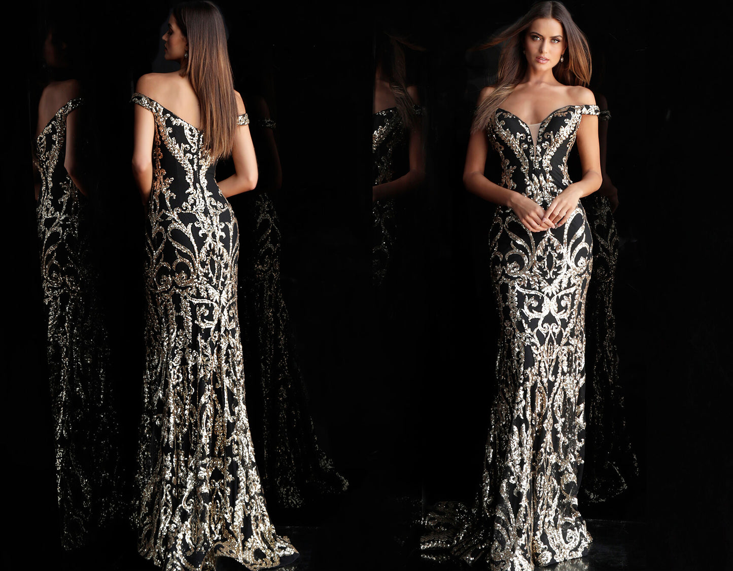 Jovani 63349 Long Fitted sequin embellished Damask Print pageant gown with off the shoulder straps, sexy fit & Flare mermaid 2020 prom dresses, Pageant dresses & Formal Evening wear by Jovani! Lush Skirt with sweeping train. Long Sequin off the shoulder Prom Dress Pageant Mermaid Gown  Available Colors: Blush