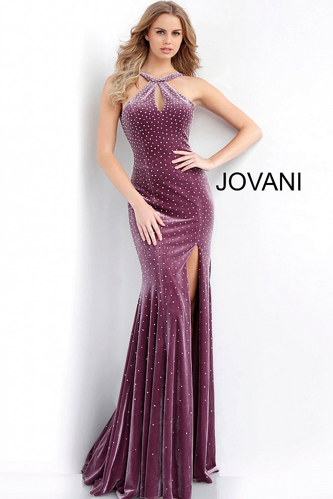 Jovani 63935 Mauve Size 0 Mauve velvet fitted prom dress featuring heat set stones with a high neckline, keyhole sleeveless bodice and open back, floor-length fitted skirt with flared end and side high slit. Prom Dress Pageant Gown Evening Dress 