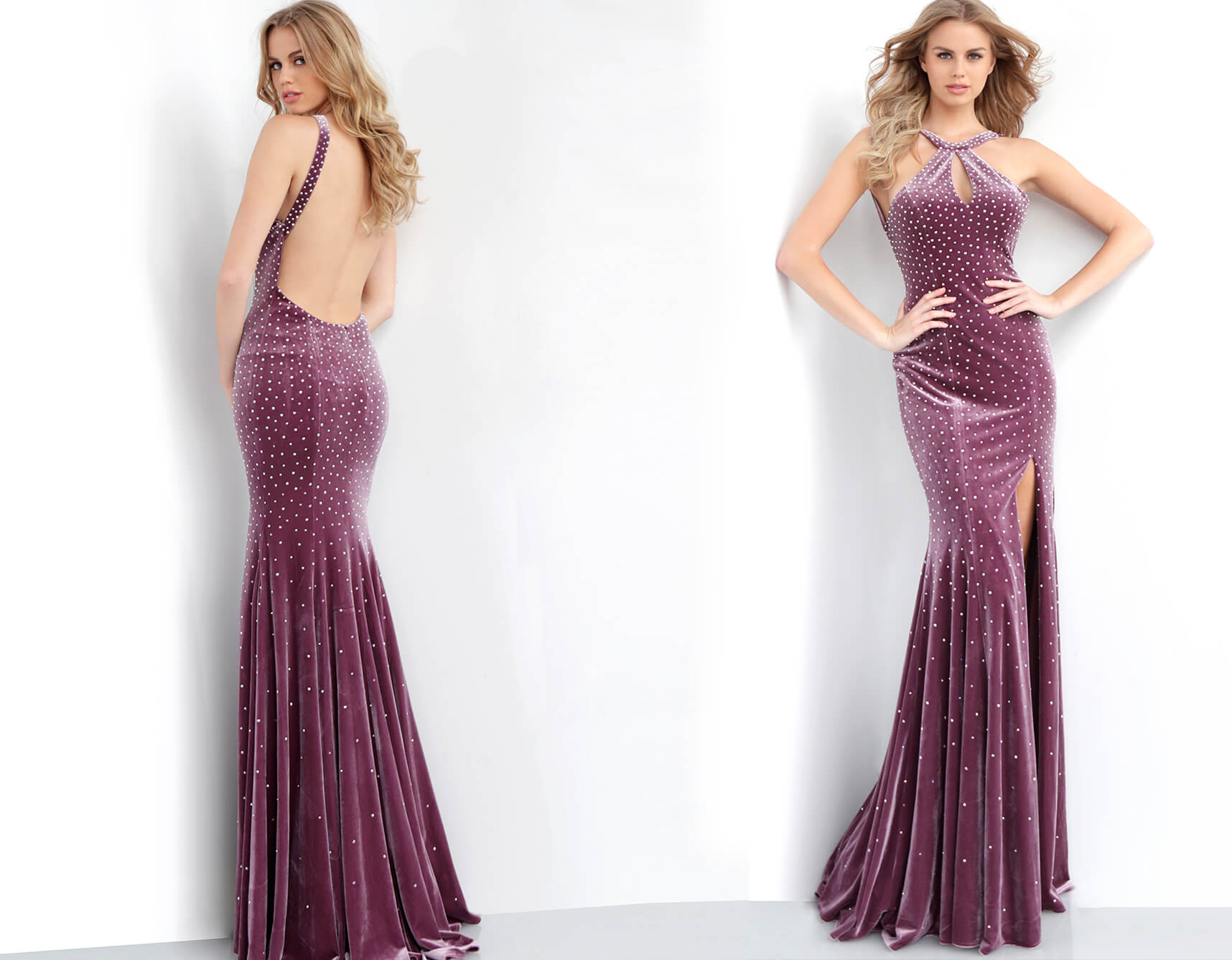 Jovani 63935 Mauve Size 0 Mauve velvet fitted prom dress featuring heat set stones with a high neckline, keyhole sleeveless bodice and open back, floor-length fitted skirt with flared end and side high slit. Prom Dress Pageant Gown Evening Dress 