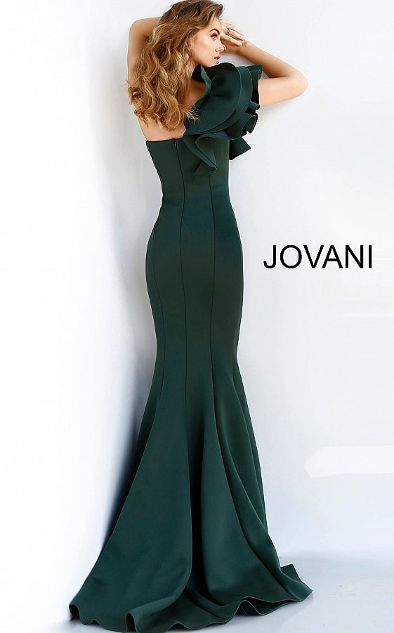 Jovani 63994 is a scuba mermaid Prom Dress, Pageant Gown & Formal Evening Wear gown.  Details: Dark green scuba mermaid evening dress with one shoulder ruffle detail bodice and straight neckline, princess seams and floor length fitted skirt with flared mermaid end and train.  Neckline:  Straight  Waistline: Natural Closure: Invisible back zipper Available Sizes: 00, 0, 2, 4, 6, 8, 10, 12, 14, 16, 18, 20, 22, 24  Available Colors: black, dark green, fuchsia, light-blue, navy, royal, tomato, white