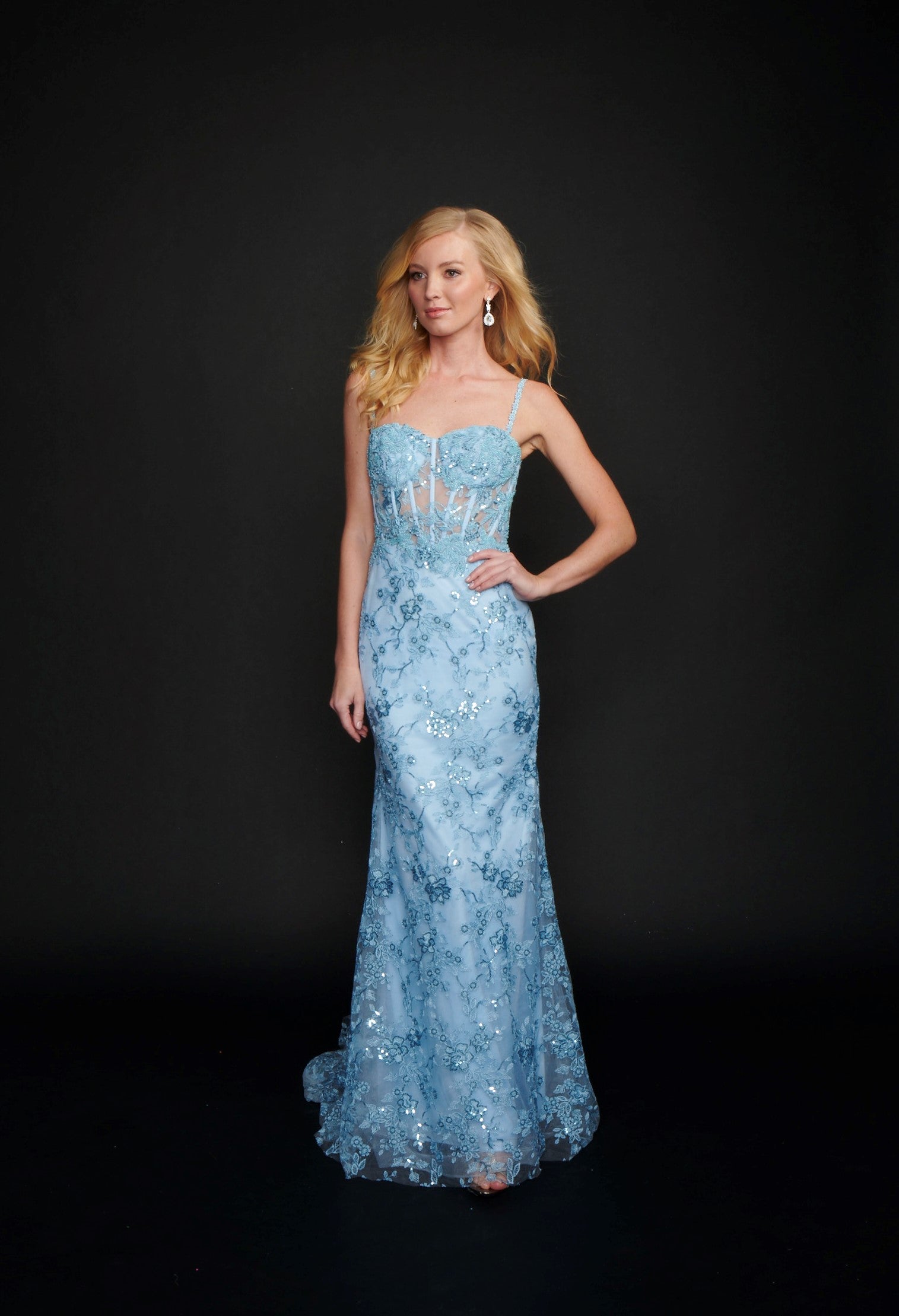 Nina Canacci 6556 Long sheer lace corset fitted bodice with a mermaid skirt and train. Embellished Prom Pageant Gown  Available Size-0-12  Available Color- Ivory, Baby Blue, Raspberry (Mauve)