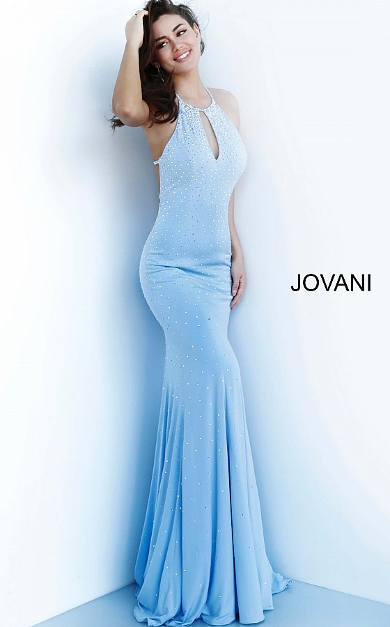 Jovani 67101 Long keyhole neckline embellished prom dress Fit Flare Open Back