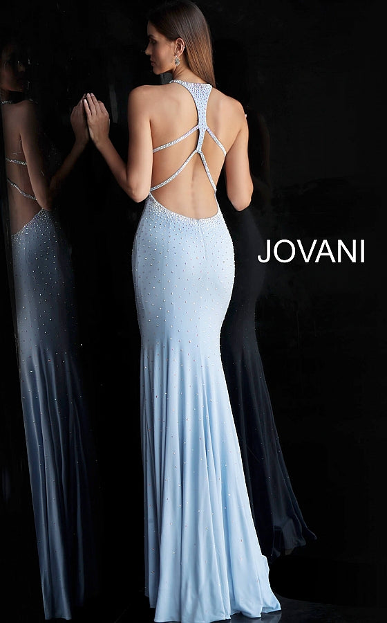 Jovani 67101 Long keyhole neckline embellished prom dress Fit Flare Open Back