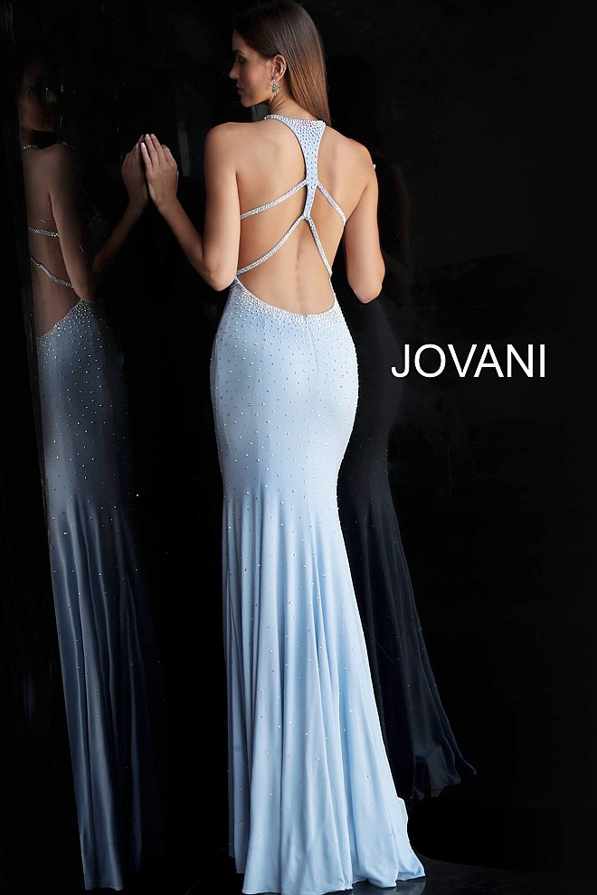 Jovani 67101 Long keyhole neckline embellished prom dress Fit Flare Open Back