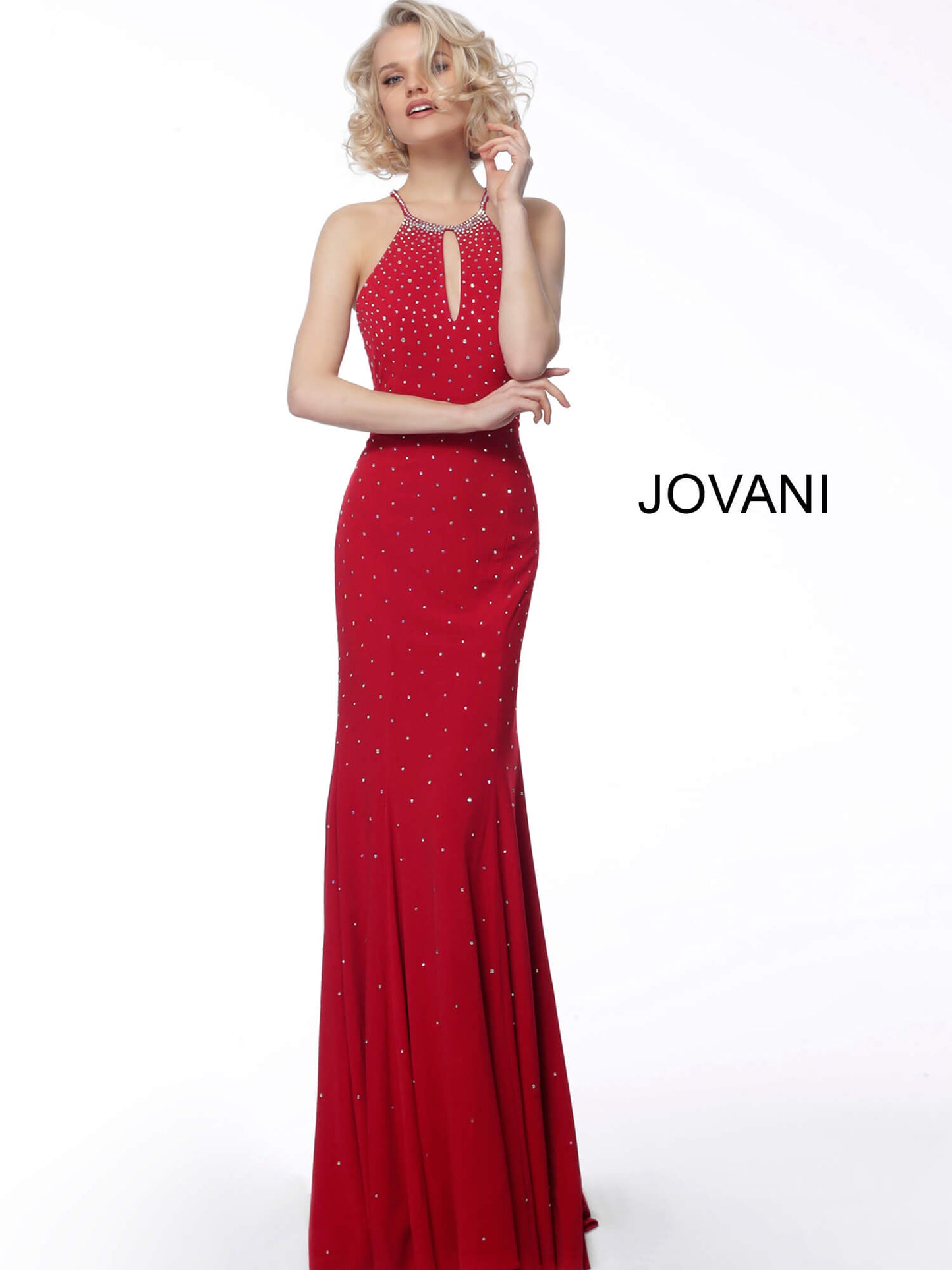 Jovani 67101 Long keyhole neckline embellished prom dress Fit Flare Open Back