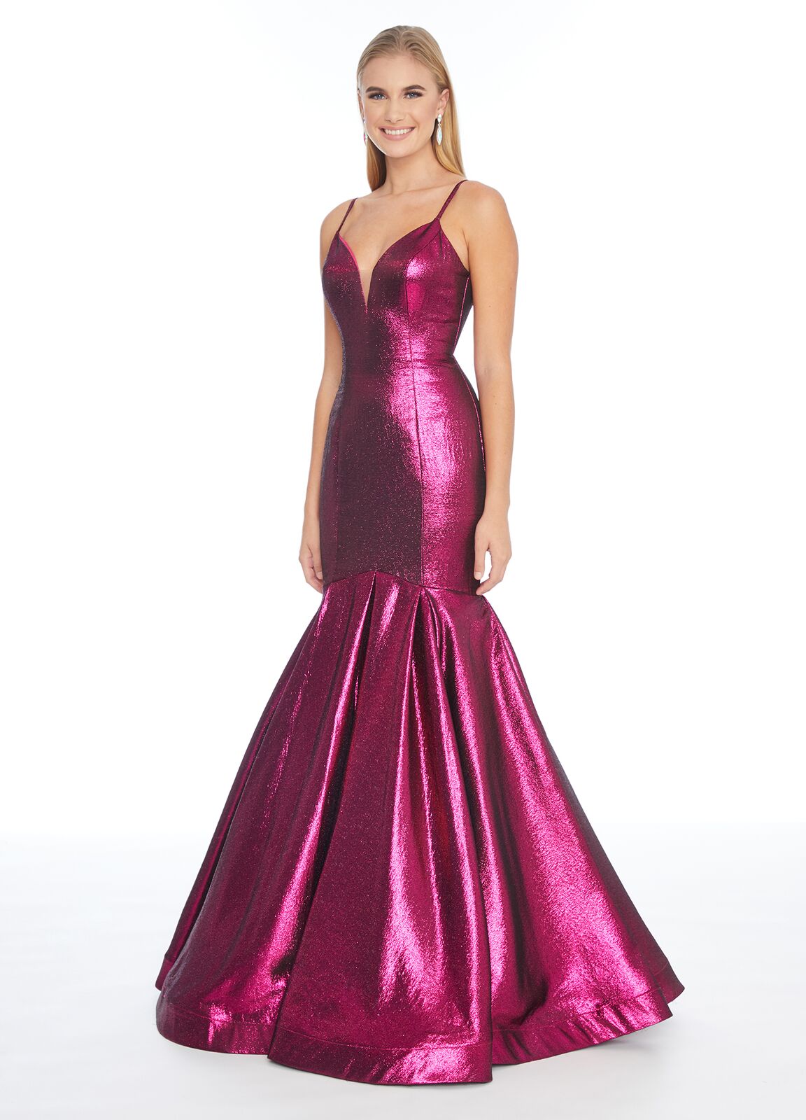 Ashley Lauren 1860 v neckline metallic brocade mermaid prom dress evening gown pageant gown Long Fitted metallic mermaid prom dress Pageant Gown Metallic madness! Metallic is all the rage this season. This V-neck spaghetti strap gown complete with a fit and flare skirt is sure to stand out. Glass Slipper Formals