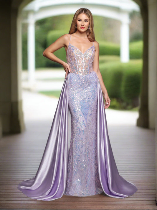 <p>Sparkle Prom 72233 Long Fitted Sequin Sheer sequin v neck corset with satin detachable&nbsp; Overskirt Prom Dress Pageant Gown Backless Corset Gown. formal dress</p> <p>Sizes: 4</p> <p>Colors: Lilac</p>