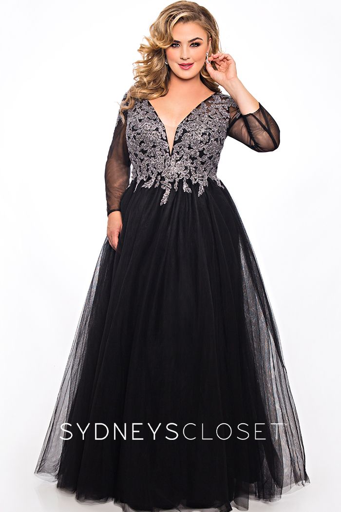 Sydney's Closet SC7299 sheer sleeves tulle prom dress ball gown Lace top and Sleeves