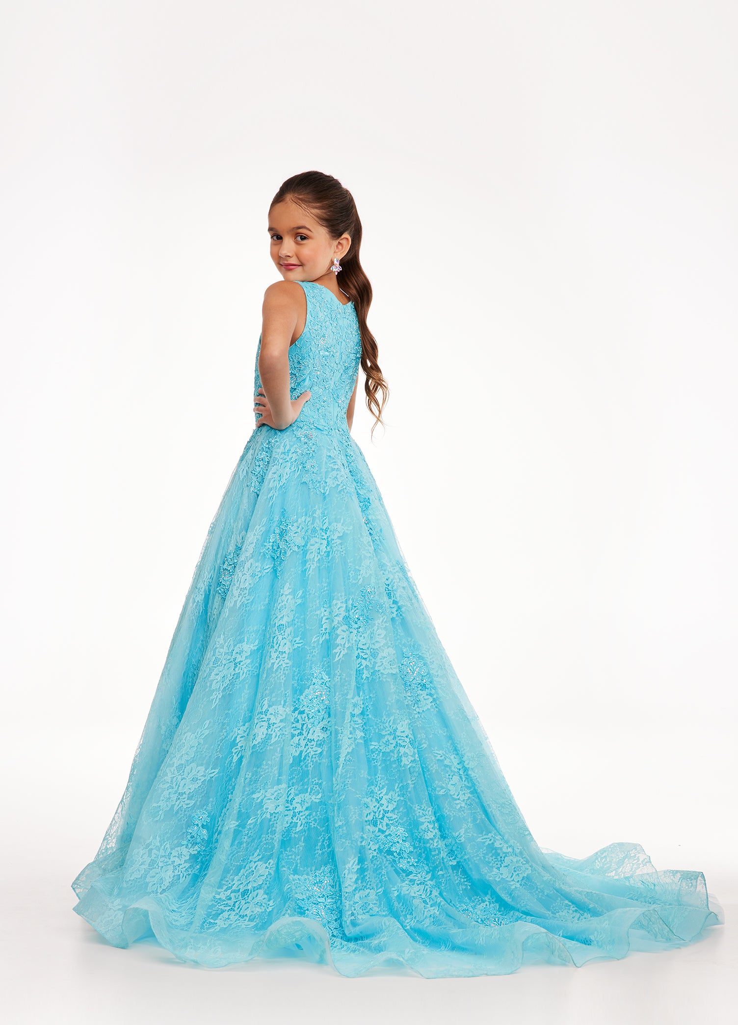 Ashley Lauren Kids 8073 Girls Long Lace A Line Ball Gown Pageant Dress High Neck Lovely lace gown featuring a crew neckline embellished with lace applique and AB stones throughout the bodice and skirt. Crew Neckline Lace Applique A-Line Available Sizes: 4-16 Available Colors: Aqua, Lilac