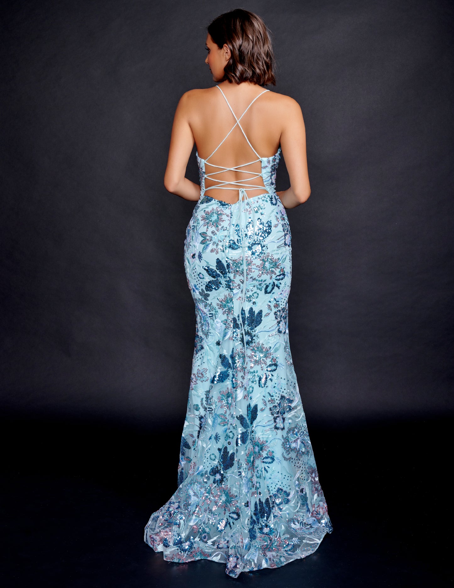 Nina Canacci 8211 Blue Multi Prom Dress with embroidery lace and sequins print evening gown V neckline corset backless style