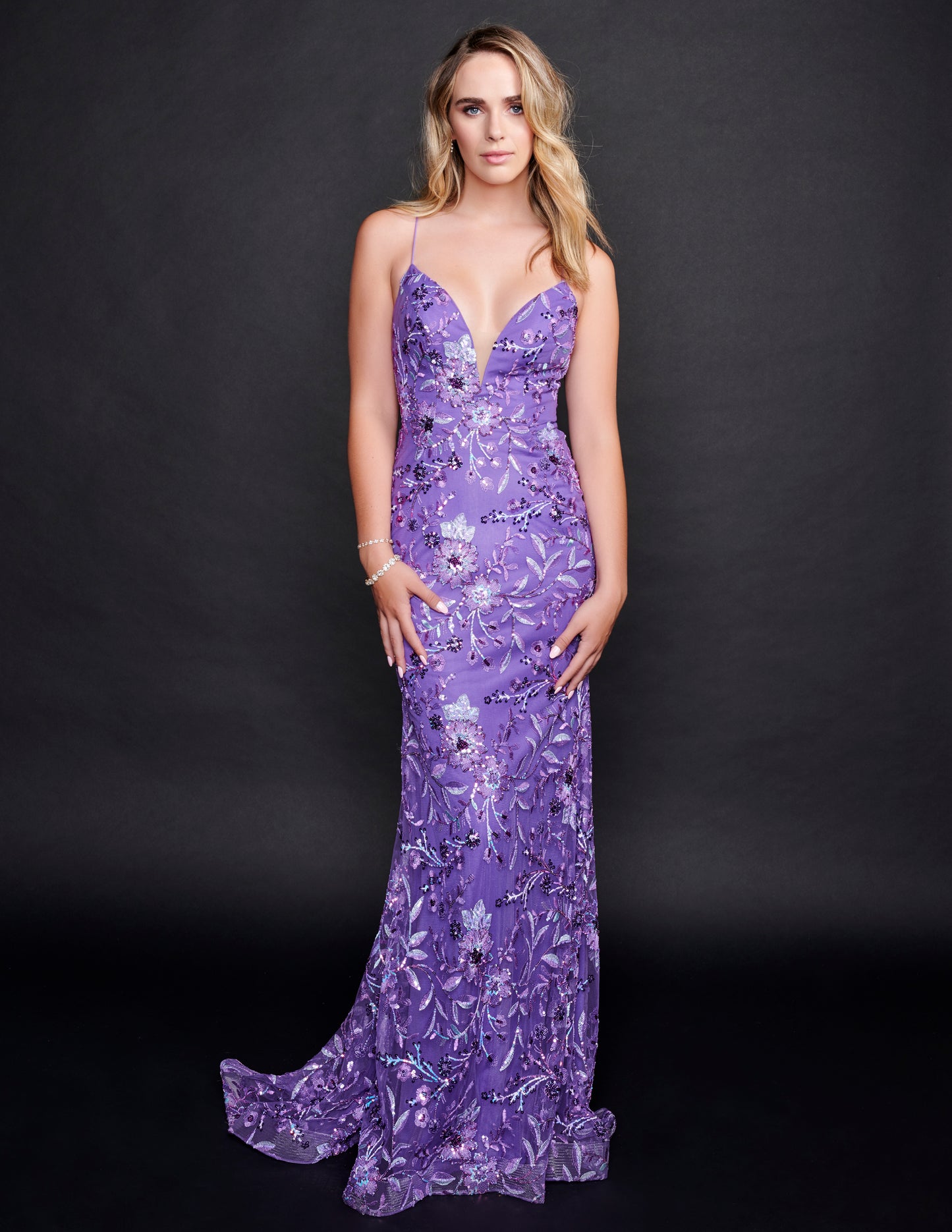 Nina Canacci 8212 Purple Prom Dress with embroidery lace and sequins print evening gown V neckline corset backless style