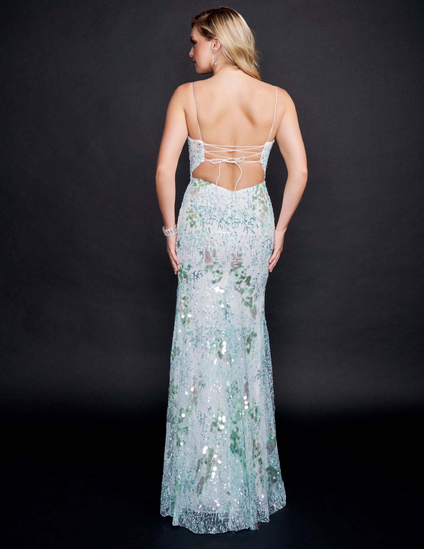 Nina Canacci 8213 Mint Sequined Prom Dress with V neckline and corset back