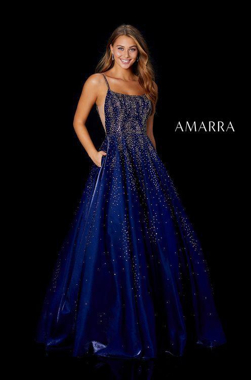 Amarra 87292 Long Shimmer Embellished A Line Corset Prom Dress Stars Formal   AMARRA 87292 is a breath-taking combination of our two favorite things: satin and rhinestones. This ball gown has a satiny shine with rhinestones that cascade down to the bottom and gradually disappear.