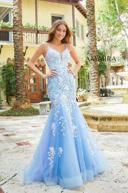 Amarra 87317 Long Embellished Lace Mermaid Prom Dress Backless Formal Gown  Available Sizes: 00-16  Available Colors: Light Blue, Emerald